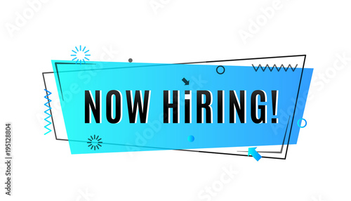 Now hiring concept. Emergency job vacancy advertisement geometric blue banner