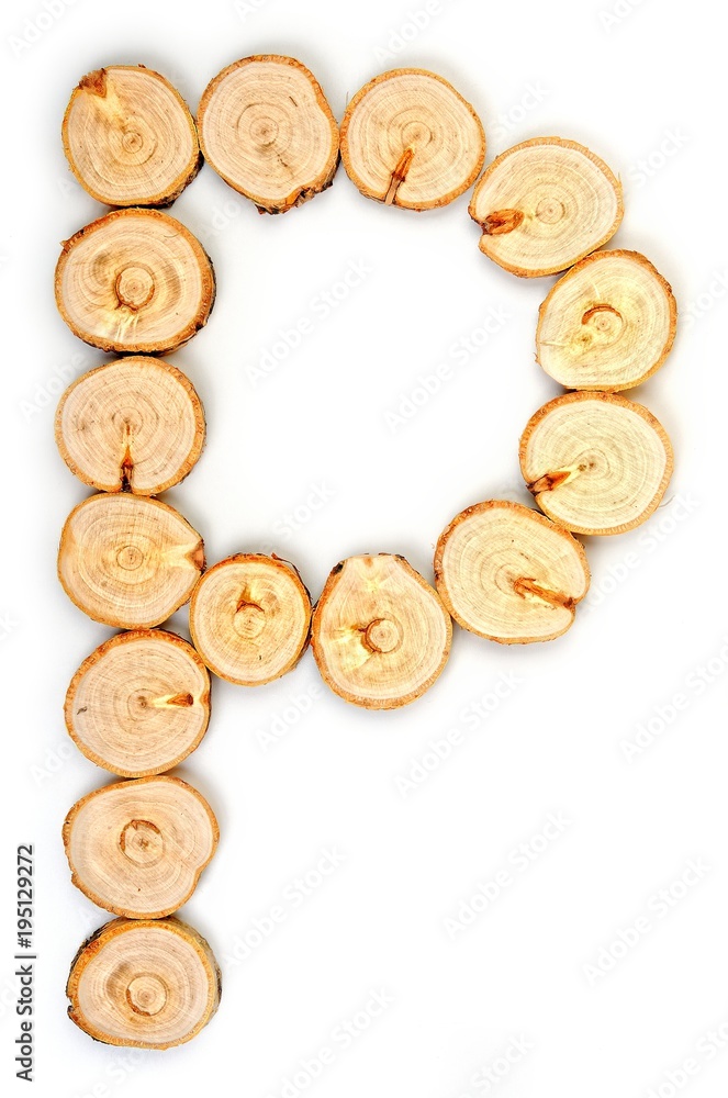 Alphabet letters made from Wood slice on white Background.P. Alphabet letters made from Wood slice on white Background.P.