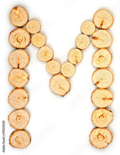 Alphabet letters made from Wood slice on white Background.M.