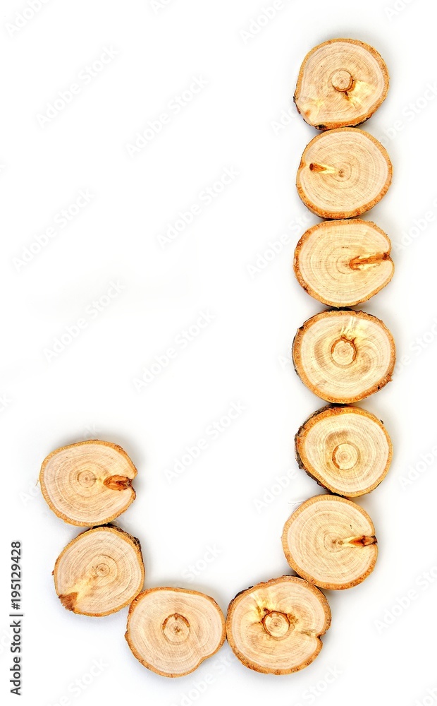 Alphabet letters made from Wood slice on white Background.J. Alphabet letters made from Wood slice on white Background.J.
