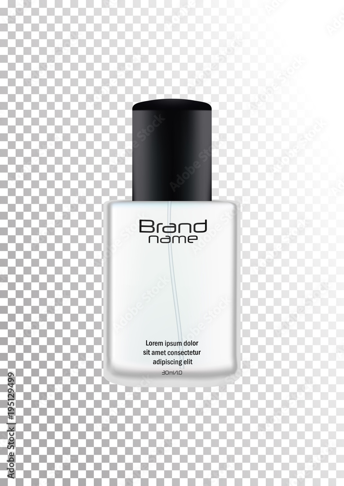 Vector realistic bottle with brand name for cosmetic products, perfume, toilet water.Transparent flacon with a black lid. Isolated object on a transparent background.
