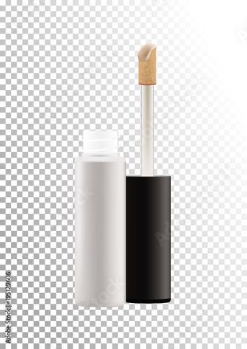 Vector mock up of realistic concealer makeup open bottle with tassel. Package of face skin corrective cosmetic product. Template of container isolated on transparent background.