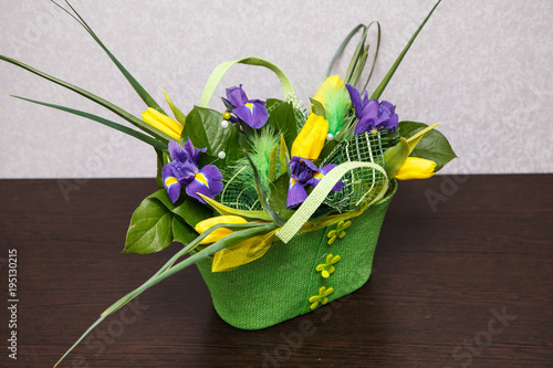 Fototapeta Naklejka Na Ścianę i Meble -  Flowers. Yellow tulip and iris bouquet