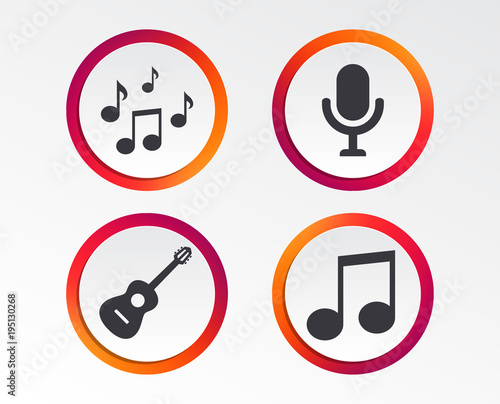 Music icons. Microphone karaoke symbol. Music notes and acoustic guitar signs. Infographic design buttons. Circle templates. Vector