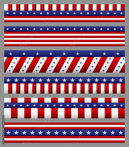 Set of american flag with stars and stripes patterns. USA Independence day festive