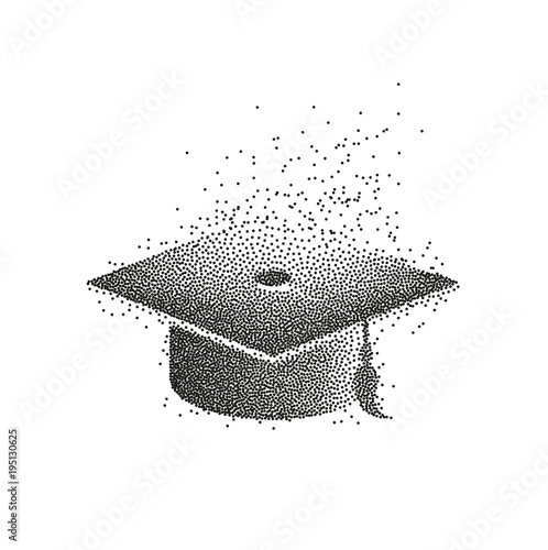 Graduation hat or mortar board. divergent particles abstract illustration. Can be used for invitation, banner, greeting card, postcard. Vector graduate template.