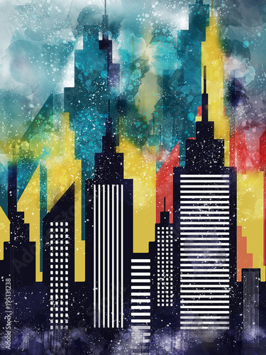 American City Buildings And Skyscrapers Watercolor Illustration