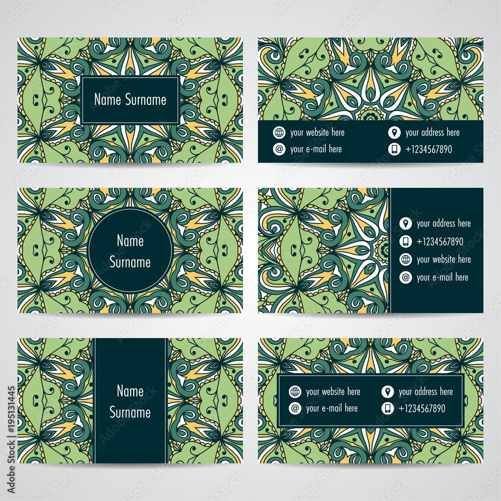 Naklejka Set of business cards with floral mandala ornaments. Vector illustration