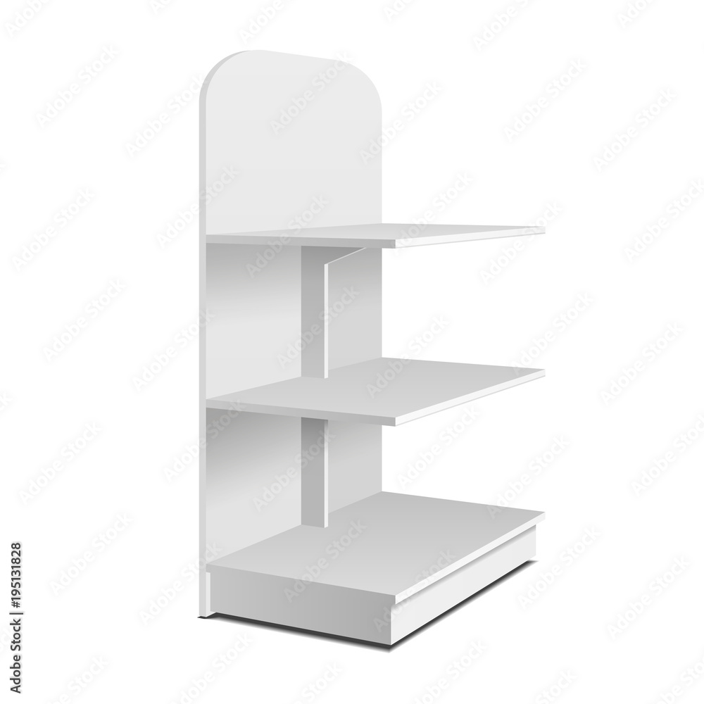 Floor Display Rack For Supermarket. Blank Empty Displays With Shelves Mock Up. Illustration Isolated On White Background. Ready For Your Design. Product Advertising. Vector EPS10 Floor Display Rack For Supermarket. Blank Empty Displays With Shelves Mock Up. Illustration Isolated On White Background. Ready For Your Design. Product Advertising. Vector EPS10