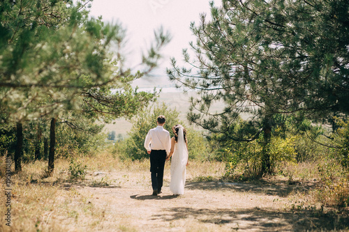 The groom in a white shirt and the bride in a wedding dress and veil go hand in hand over the sunny forest © Alexandra