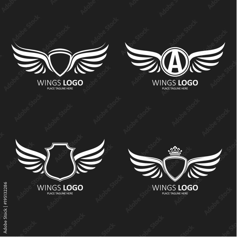 Set of heraldic winged shields in different shapes with crowns and Initial Letter A icon Set of heraldic winged shields in different shapes with crowns and Initial Letter A icon