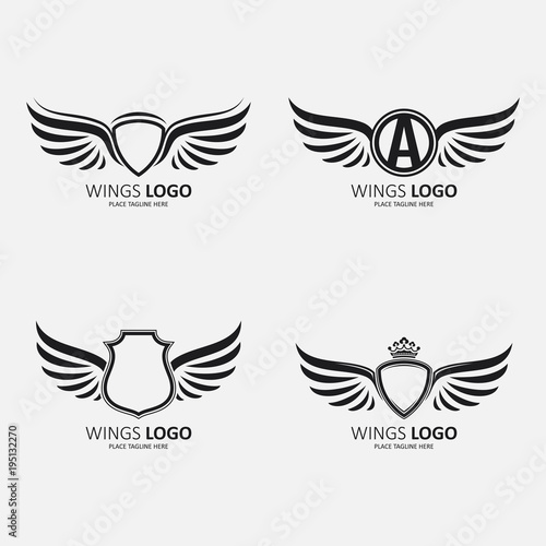 Set of heraldic winged shields in different shapes with crowns and Initial Letter A icon
