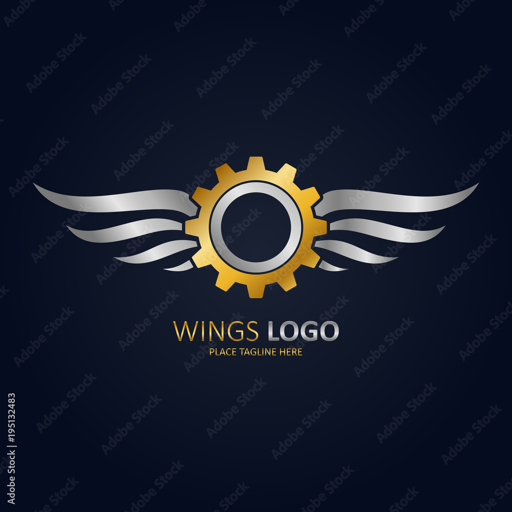 Fototapeta premium Gold winged gear with silver wings icon