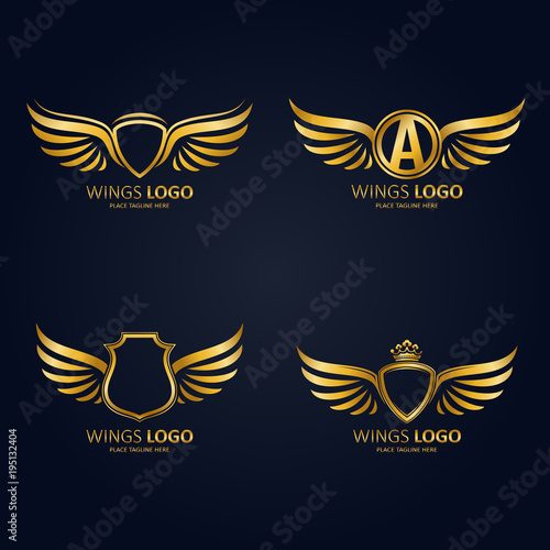 Set of gold heraldic winged shields in different shapes with crowns and Initial Letter A icon