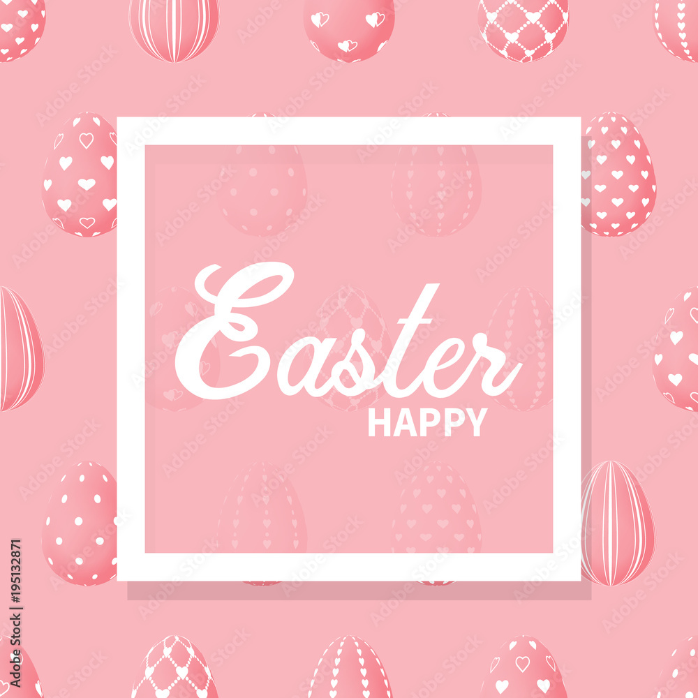 Easter eggs are pink. The greeting happy Easter in the frame. Realistic style. Vector illustration.