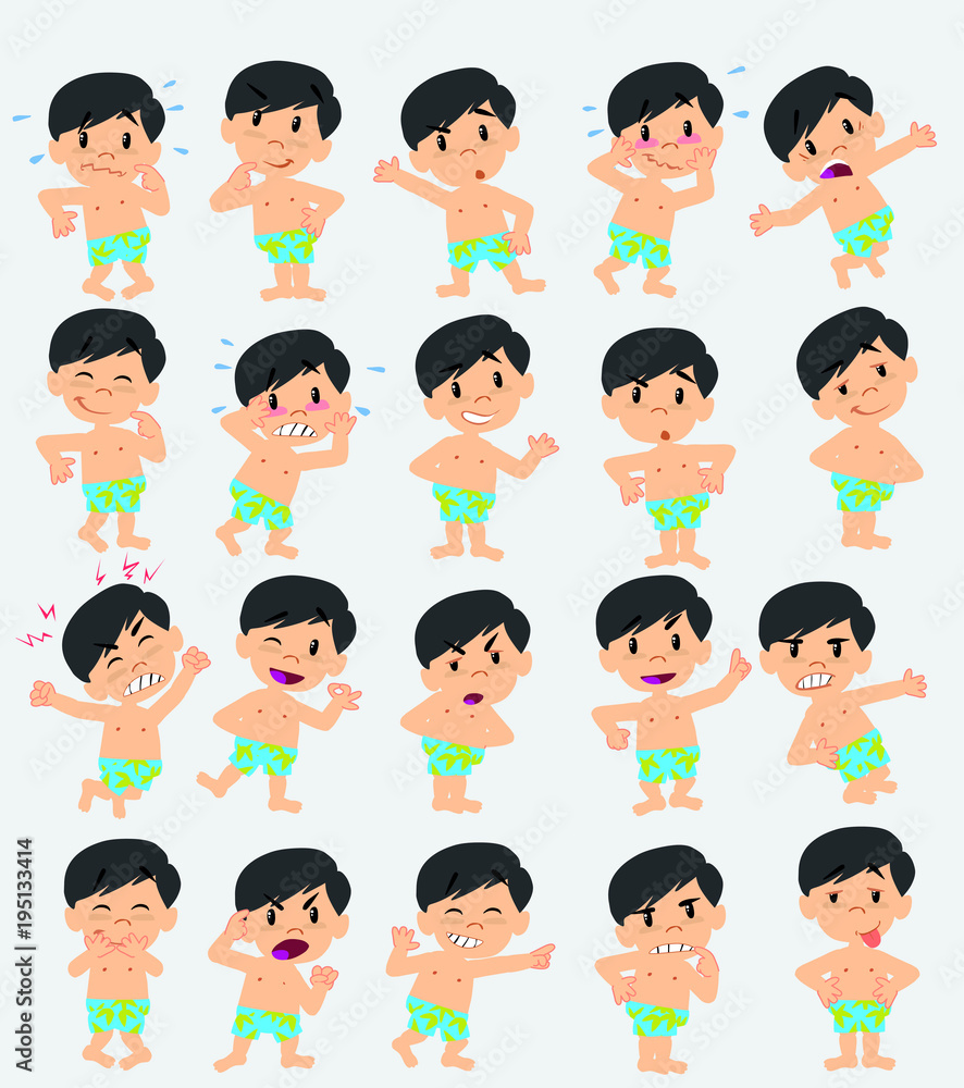 Cartoon character asian boy in a swimsuit. Set with different postures, attitudes and poses, doing different activities in isolated vector illustrations.