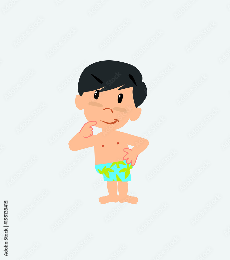 Asian boy in a swimsuit thoughtful and happy. Asian boy in a swimsuit thoughtful and happy.
