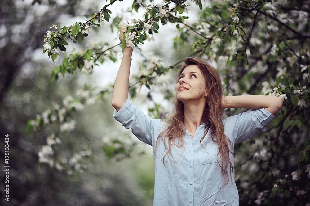 woman spring apple flowers woman spring apple flowers