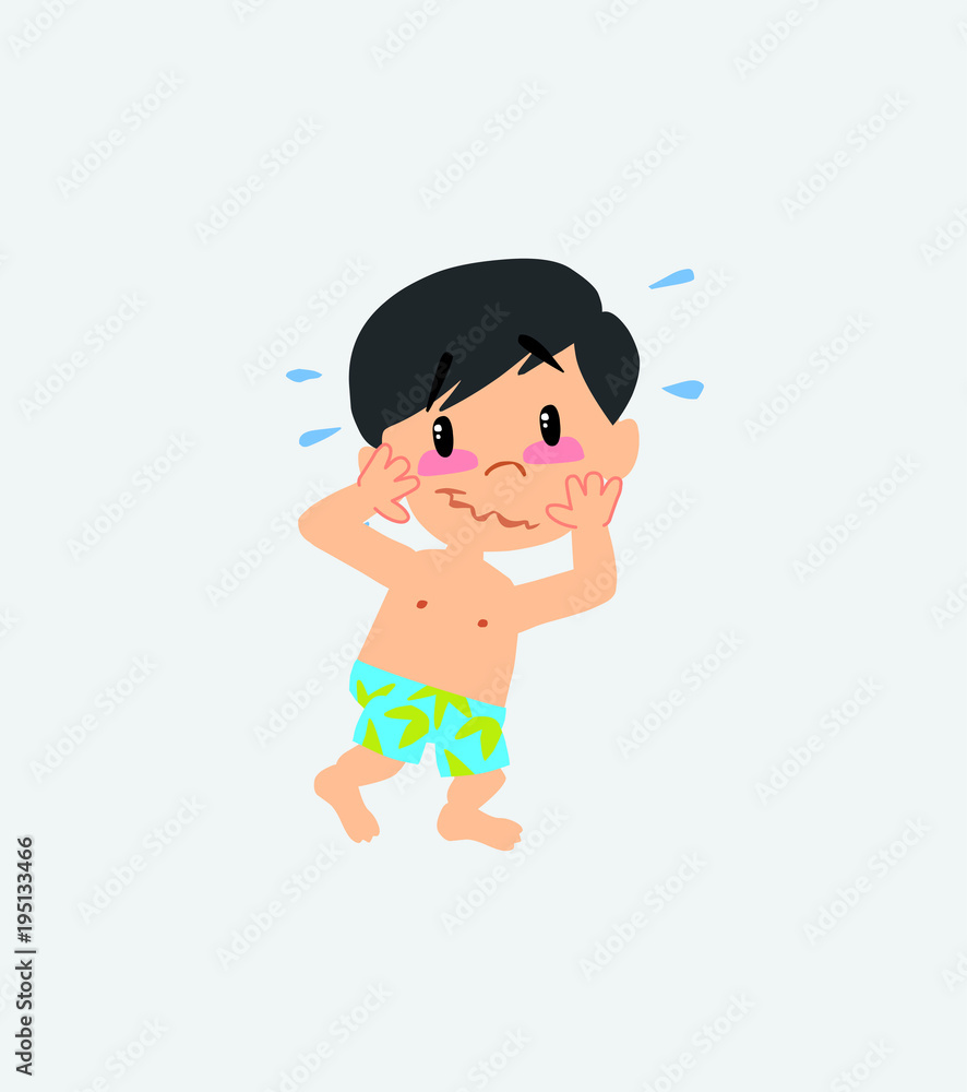 Asian boy in a swimsuit pleasantly surprised. Asian boy in a swimsuit pleasantly surprised.