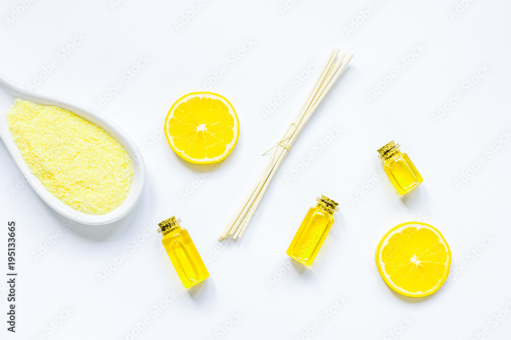cosmetic spa set with oils and salt white background top view mo cosmetic spa set with oils and salt white background top view mo