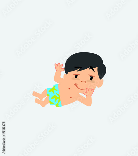 Asian boy in a swimsuit lying, greets with a dreamy expression.