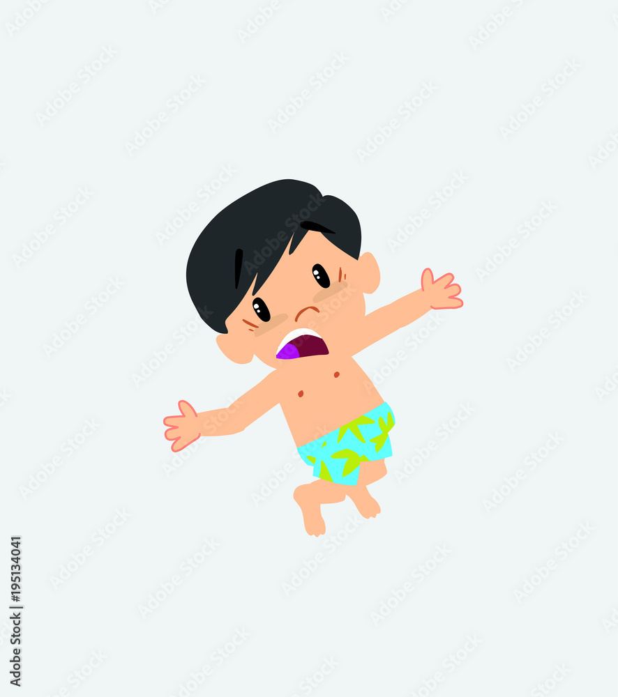 Asian boy in a swimsuit jumping terrified. Asian boy in a swimsuit jumping terrified.