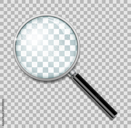 Magnifying glass with steel frame isolated. Realistic Magnifying glass lens for zoom on transparent background. 3d magnifier loupe vector illustration