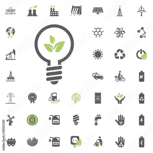 Eco energy bulb icon. Eco and Alternative Energy vector icon set. Energy source electricity power resource set vector.