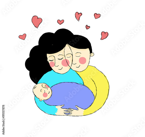 young parents embracing their child, newborn baby. Full of love illustration, drawing