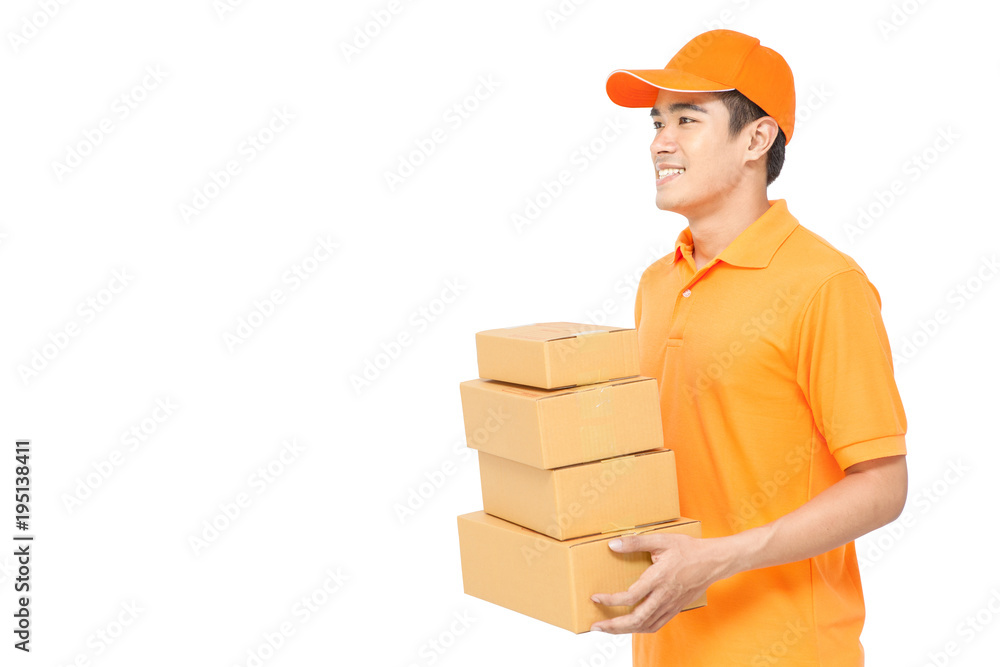 delivery service - Handsome asian young man courier holding pile of cardboard box or parcels in orange uniform on white background with clipping path and copy space delivery service - Handsome asian young man courier holding pile of cardboard box or parcels in orange uniform on white background with clipping path and copy space