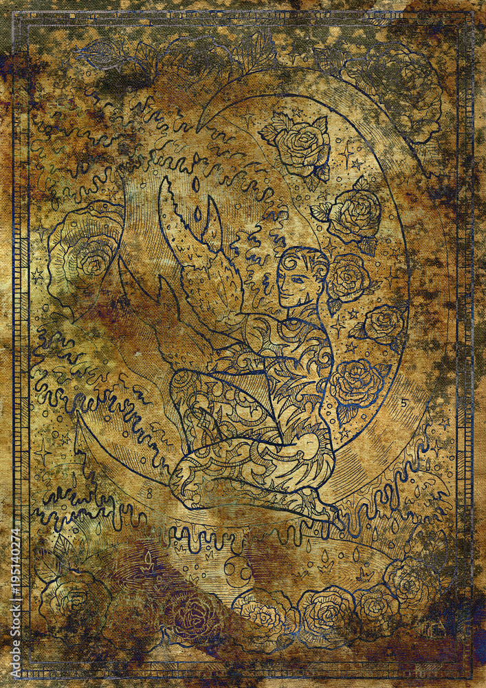 Fototapeta premium Zodiac sign Cancer on old fabric texture background. Hand drawn fantasy graphic illustration in frame