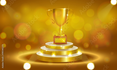 Realistic Golden Trophy on stage with golden confetti falling and illuminated spotlights
