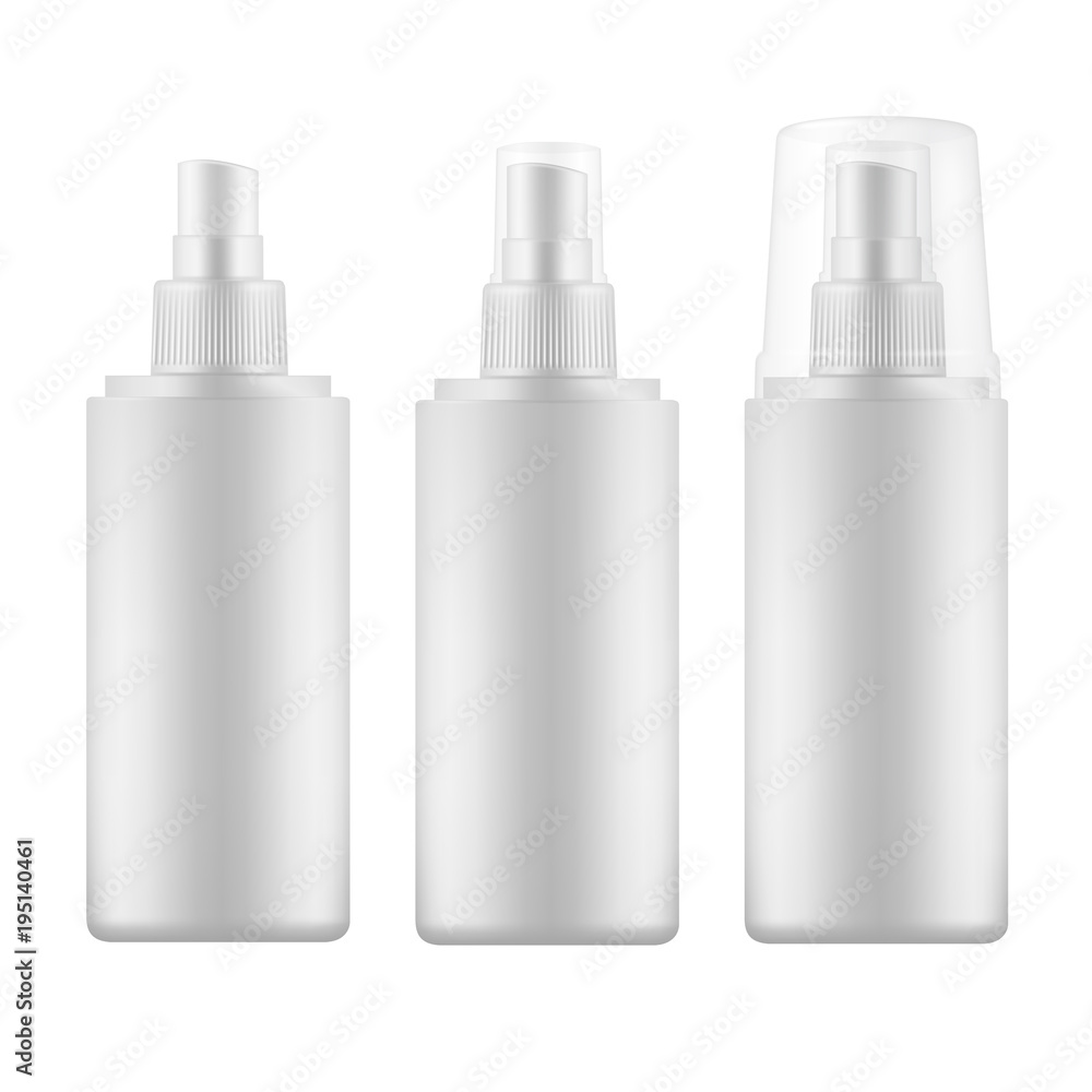 Set of white blank spray bottles with transparen cap. Set of white blank spray bottles with transparen cap.