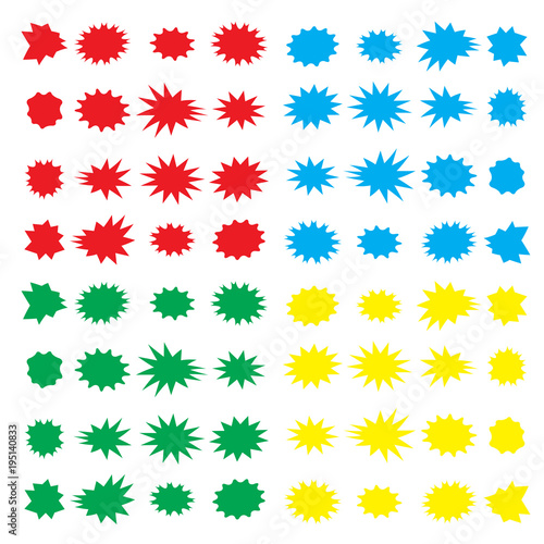 Speech bubbles set with 64 basic color bursting icon. Illustration label or star sticker vector batch for sale advertisement.
