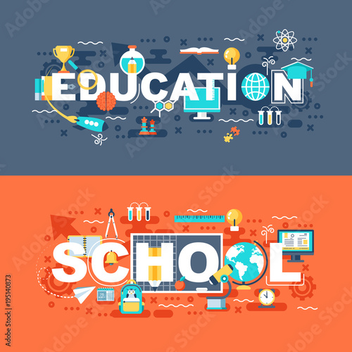 Online education and school set of flat concept. Banners with slogan for website and graphic design. Flat icons. Mobile and print media. Vector illustration.