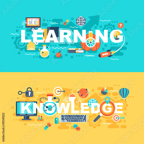 Learning and knowledge set of flat concept. Banners with slogan for website and graphic design. Flat icons. Mobile and print media. Vector illustration.