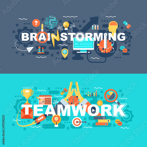 Teamwork and brainstorming set of flat concept. Banners with slogan for website and graphic design. Flat icons. Mobile and print media. Vector illustration.
