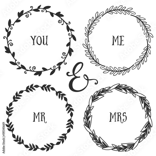 Hand drawn rustic vintage wreaths with lettering. Floral vector graphic. Nature design elements.