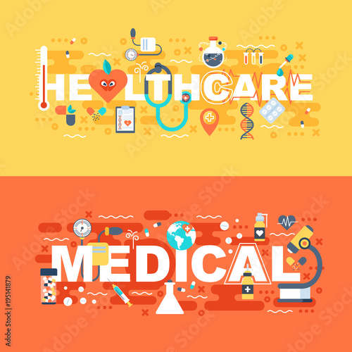 Medical and healthcare set of flat concept. Banners with slogan for website and graphic design. Flat icons. Mobile and print media. Vector illustration.
