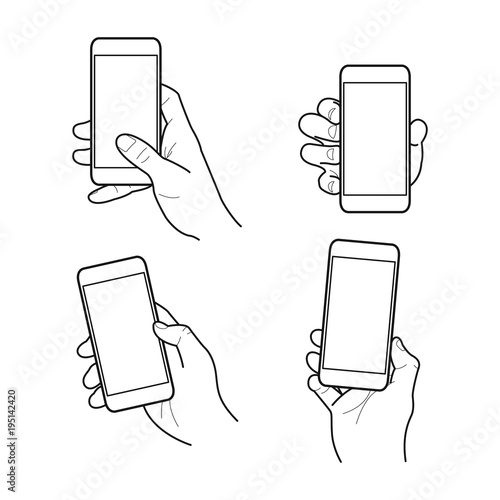 Hands collection, Vector illustration, Hand holding smartphone, Isolated, Outline, Doodle