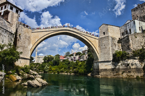 MOSATR BOSNIA HERZEGOVINA - AUGUST 15, 2014: popular reconstructed Old Bridge . 15 August 2014 Mostar Bosnia Herzegovina