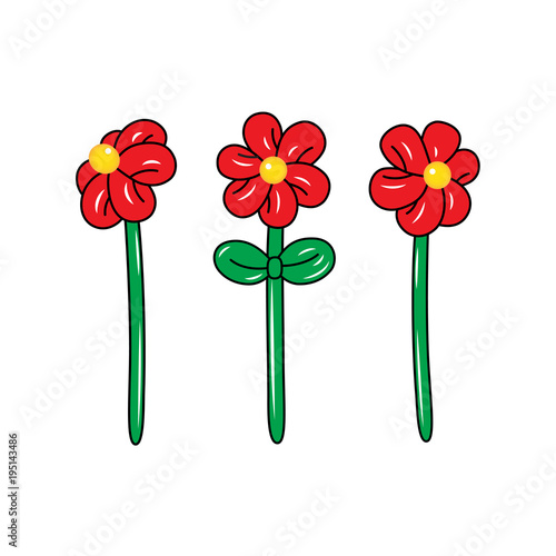 Balloon in the shape of a flower on the white background. Colorful drawing of inflatable flowers made of twisted balloons. Vector flat illustration