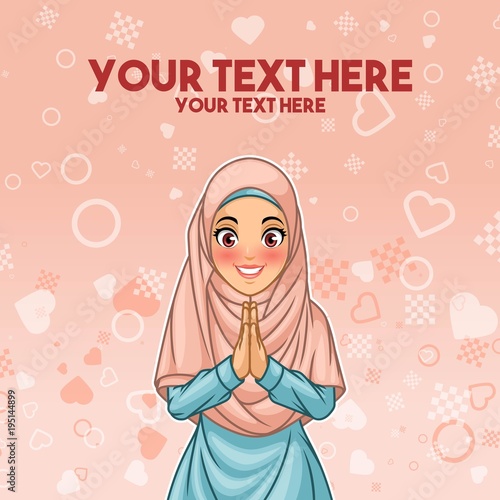 Young muslim woman wearing hijab veil smiling greeting with welcoming gesture hands put together, cartoon character design, against pink background, vector illustration.
