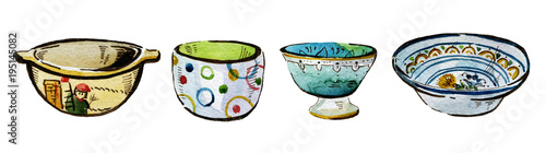 Foto Hand drawn watercolor illustration set of ceramic bowls