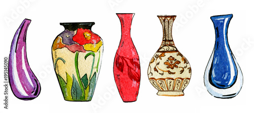 Hand drawn watercolor illustration set of colorful stylized flower vases