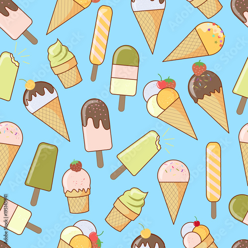 Ice cream seamless pattern on light blue background. Ice cream illustration background pastel colors flat style. Assorted Ice Cream for print card and textile