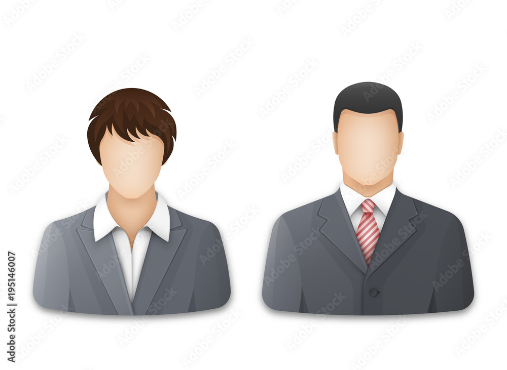 Icons of business woman and businessman on white background. Successful young man and woman in gray business suits and white shirts. Vector illustration Icons of business woman and businessman on white background. Successful young man and woman in gray business suits and white shirts. Vector illustration