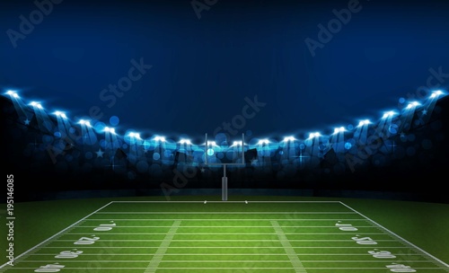 American football arena field with bright stadium lights design. Vector illumination
