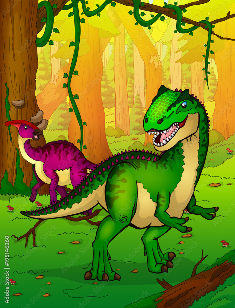 Allosaurus on the background of forest.
