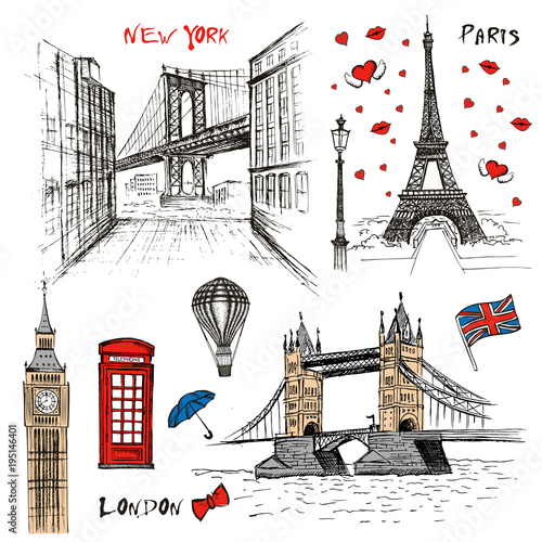 Obraz Zestaw rysunków wektorowych w Paryżu, Londynie i Nowym Jorku